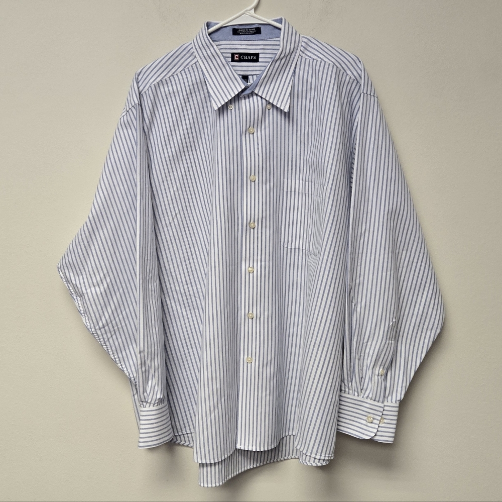 Chaps Classic Fit Oxford Wrinkle Free Dress Shirt Blue White Stripe 18 - 18 1/2